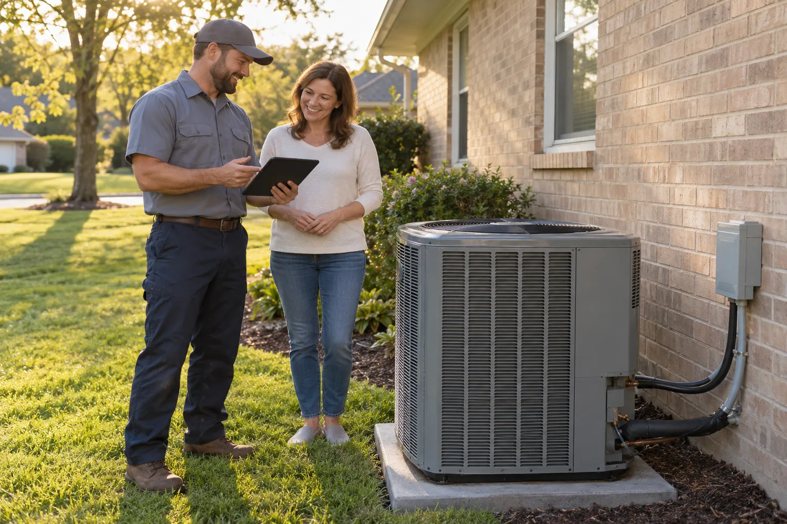 A local provider and a homeowner reviewing a new outdoor air conditioner beside a house in Salem Lakes