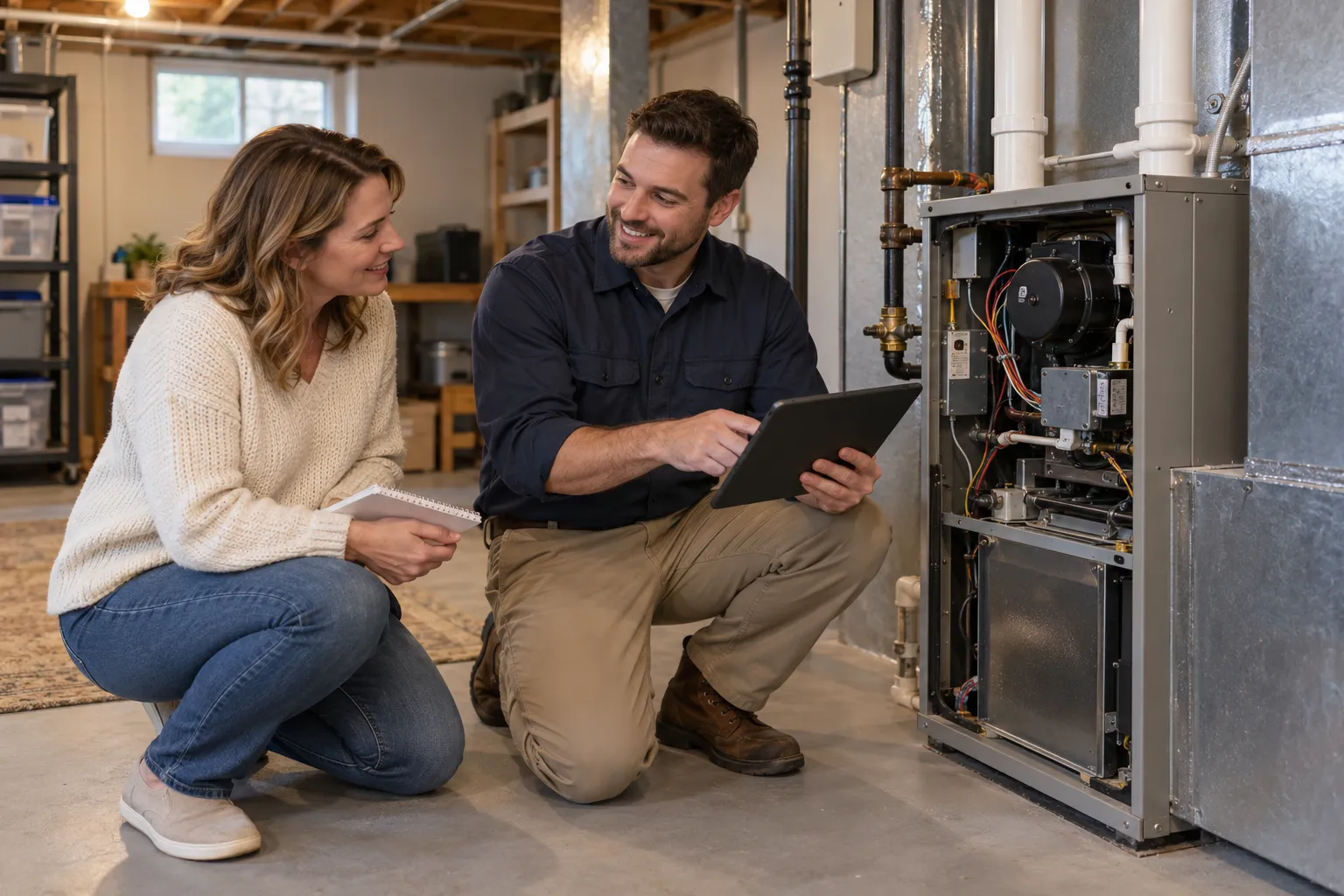 A friendly local provider checking a home furnace in a Salem Lakes basement while a homeowner looks on